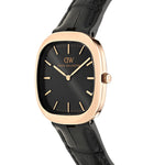 Daniel Wellington Cort oro rosato con quadrante nero e cinturino in pelle nera, vista frontale