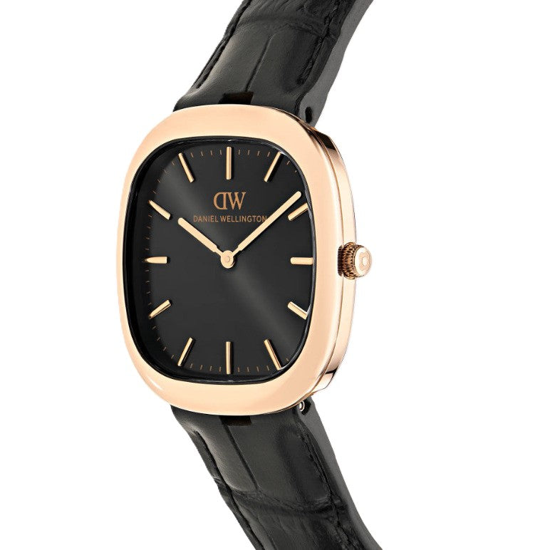 Daniel Wellington Cort oro rosato con quadrante nero e cinturino in pelle nera, vista frontale