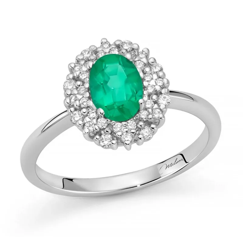 Anello Miluna Gemme Premium in Oro Bianco, Smeraldo e Diamanti