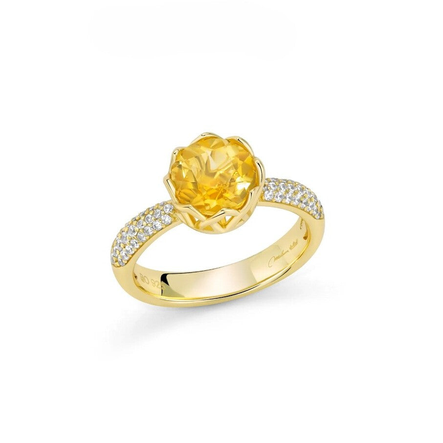 Anello Miluna Colibrì Argento Dorato Citrino e Topazi Bianchi