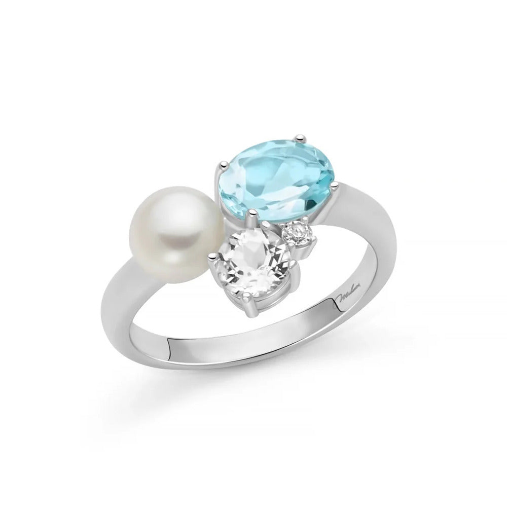 Anello Miluna Celestia in Argento con Perla Oriente e Topazi