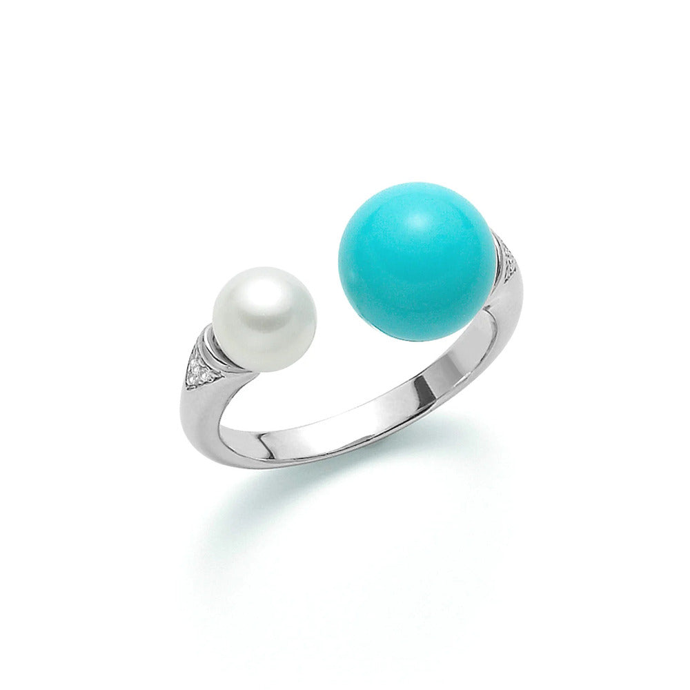 Anello Contrariè Miluna Argento, Perla, agglomerato Turchese