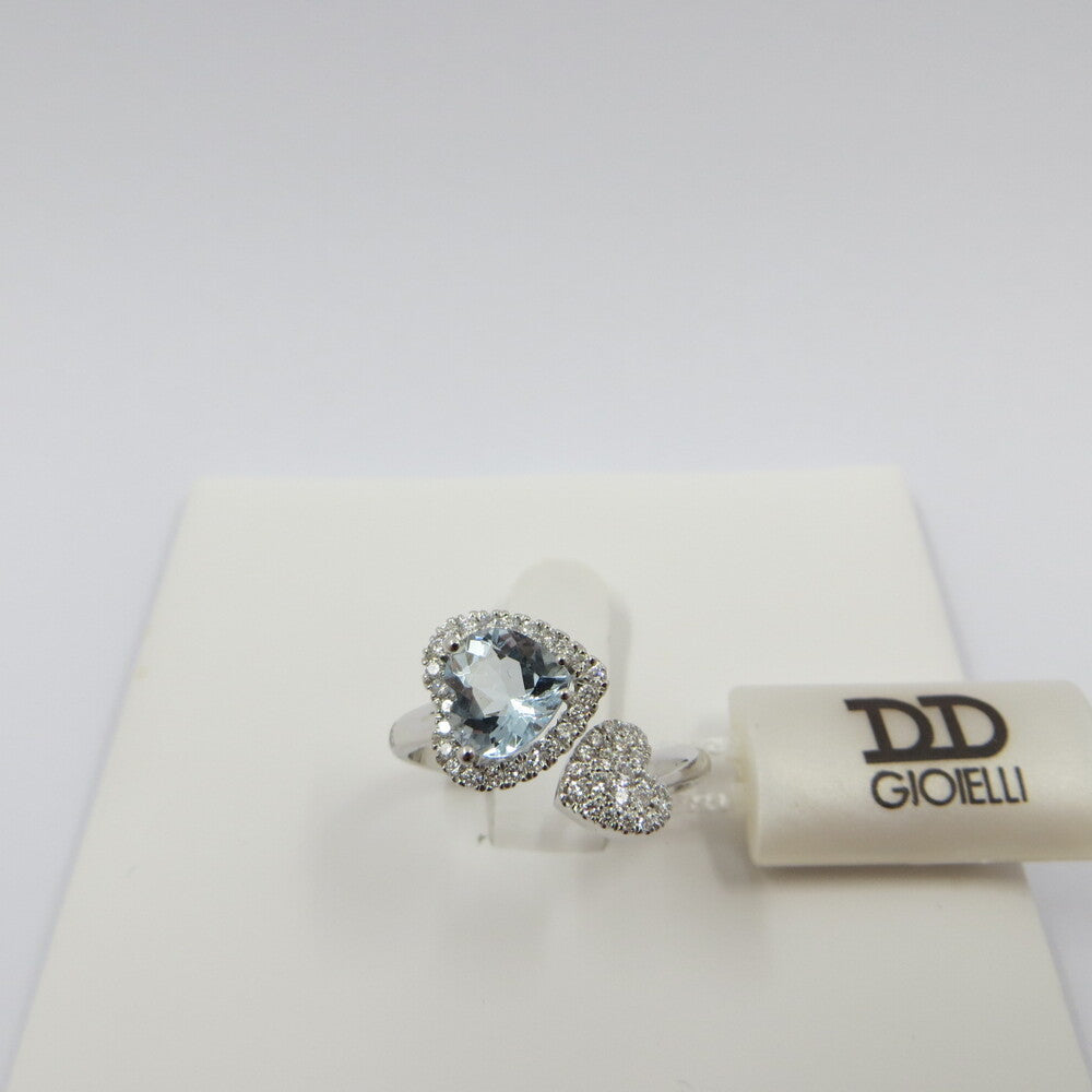 Anello DAVITE&DELUCCHI Oro, Diamanti e Acquamarina Cuore doppio