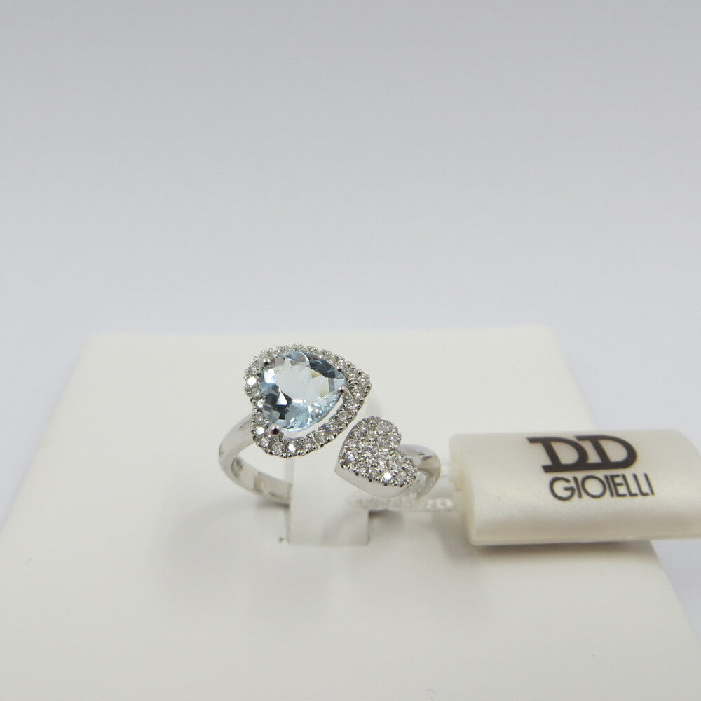 Anello DAVITE&DELUCCHI Oro, Diamanti e Acquamarina Cuore doppio
