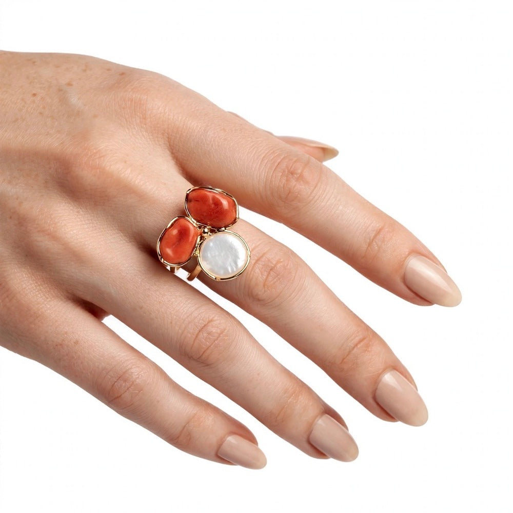Anello SOARA in Argento Dorato, Corallo e Madreperla
