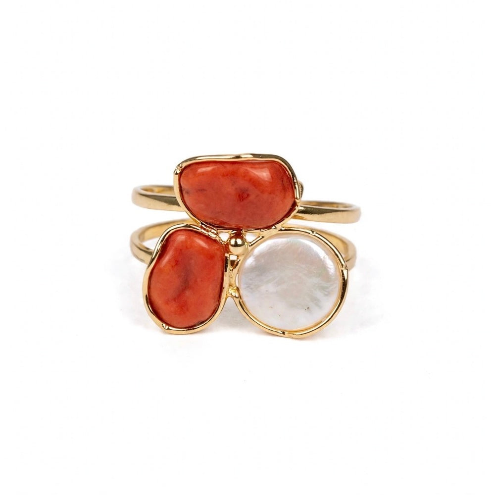 Anello SOARA in Argento Dorato, Corallo e Madreperla