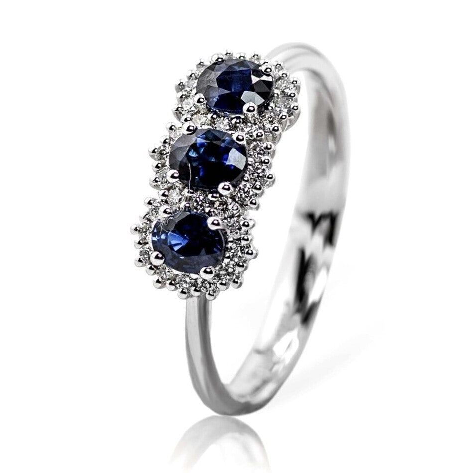 Anello Trilogy Davite&Delucchi in Oro Bianco con Zaffiri Naturali e Diamanti