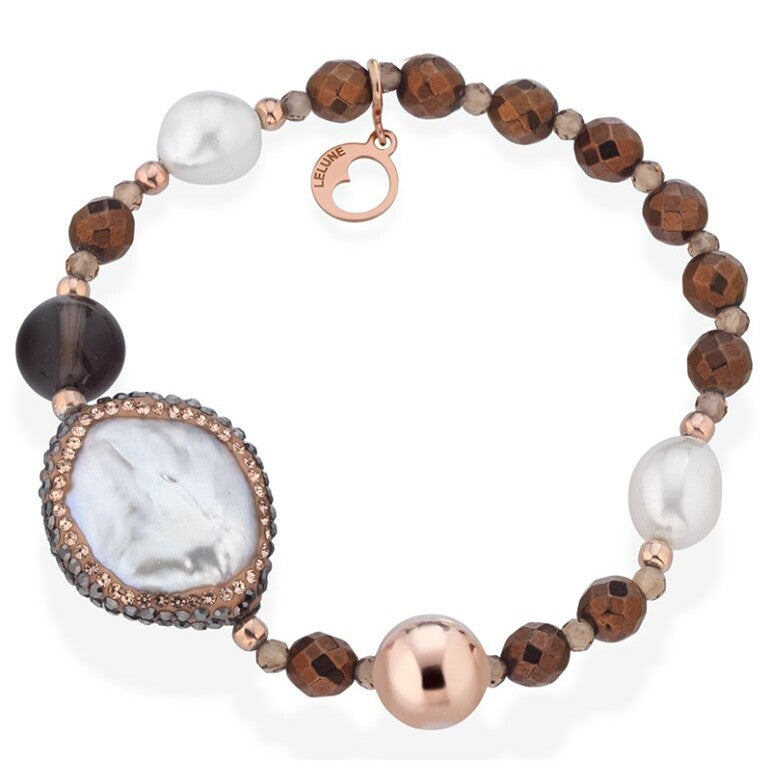 Bracciale Lelune Glamour Argento Rosato con Perle e Quarzo Fumè
