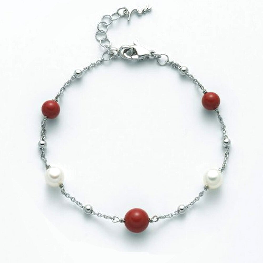 Bracciale Miluna in Argento, Perle Bianche e Rosse