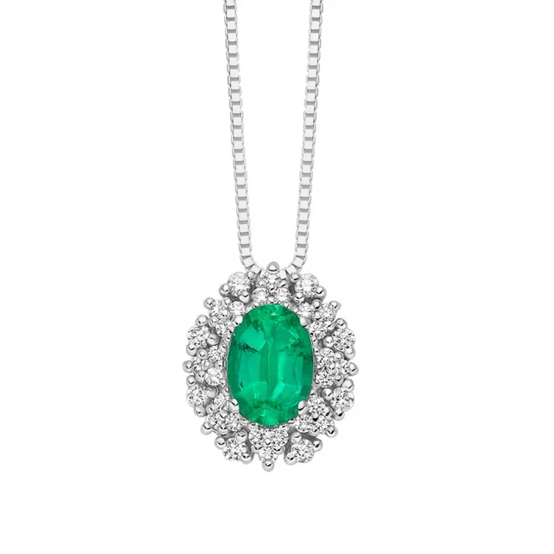Collana MILUNA Oro Bianco Smeraldo Ovale e Diamanti