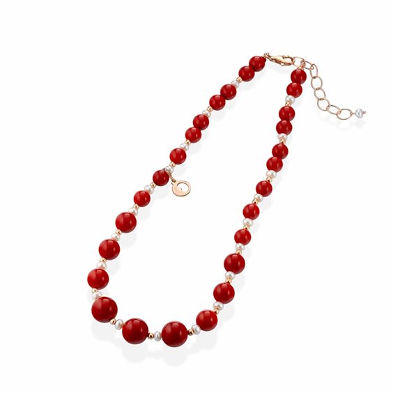 Collana Girocollo GLAMOUR by LELUNE in Argento con Perle Rosse e Bianche