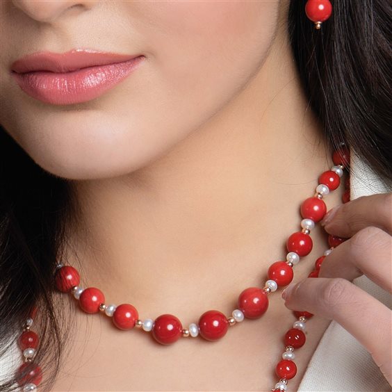 Collana Girocollo GLAMOUR by LELUNE in Argento con Perle Rosse e Bianche
