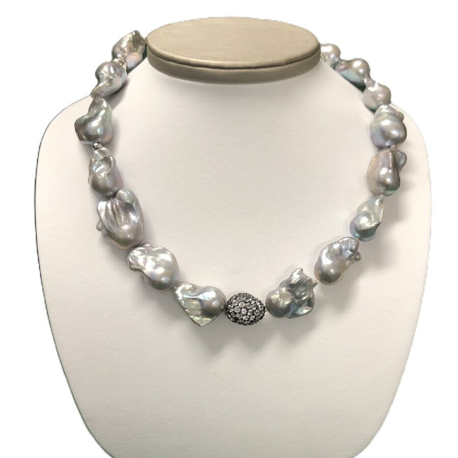 Collana Nimei Perle Oriente Barocche Grigie, Oro e Argento