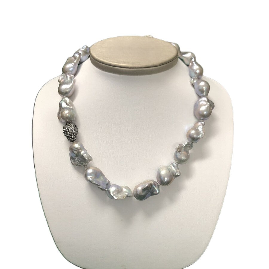 Collana Nimei Perle Oriente Barocche Grigie, Oro e Argento