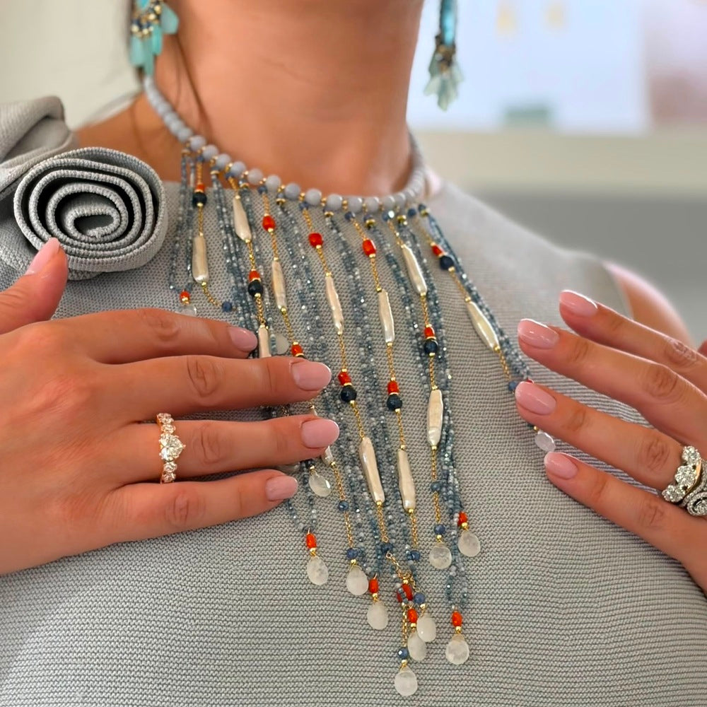 Collana Sicylui in Argento dorato con Corallo, Giada, Perle e Zirconi