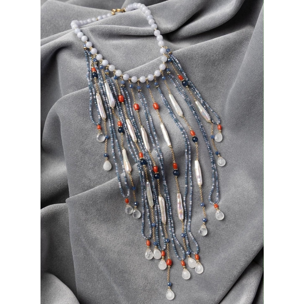 Collana Sicylui in Argento dorato con Corallo, Giada, Perle e Zirconi