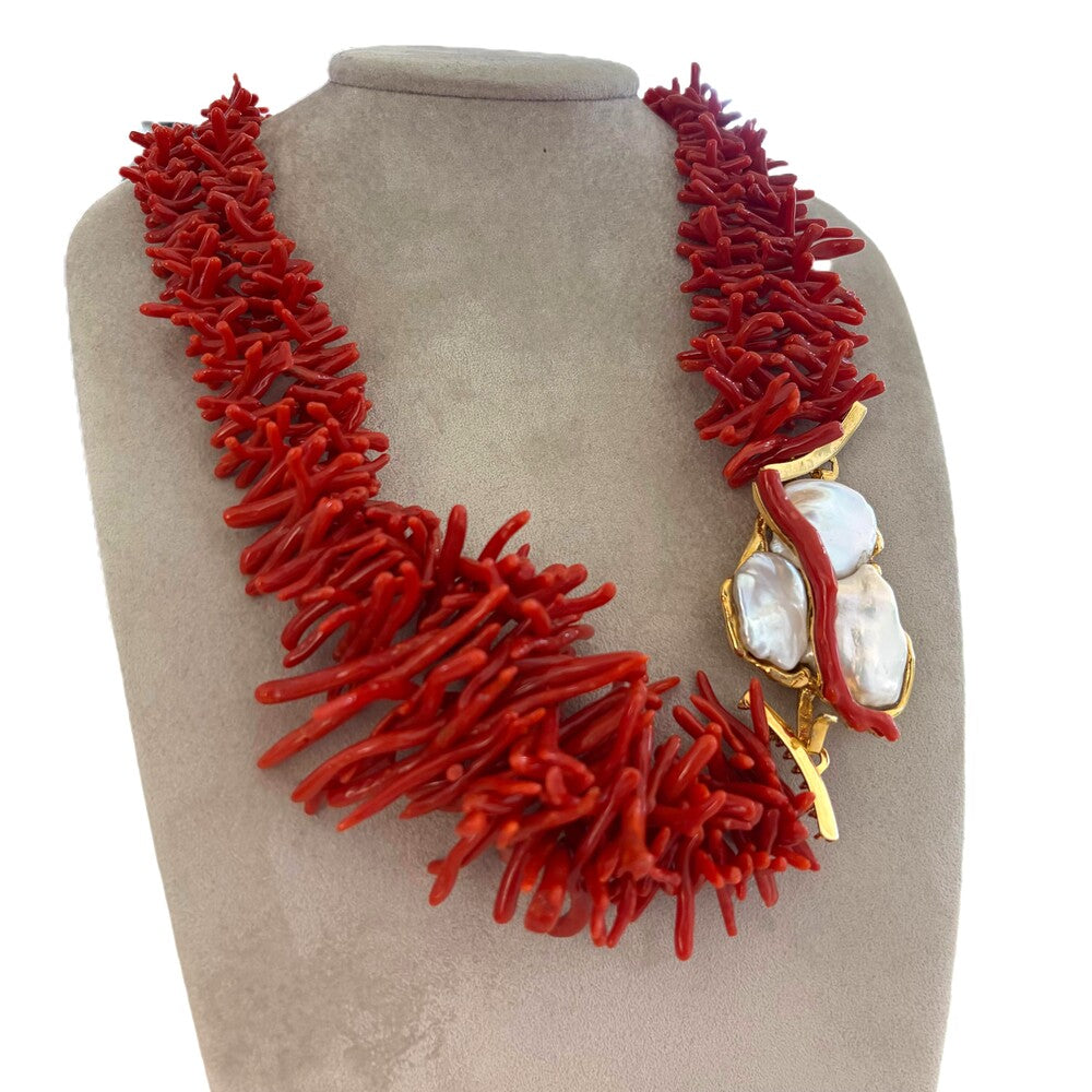 Collana Soara Corallo Rosso, Argento dorato e Perle Barocche