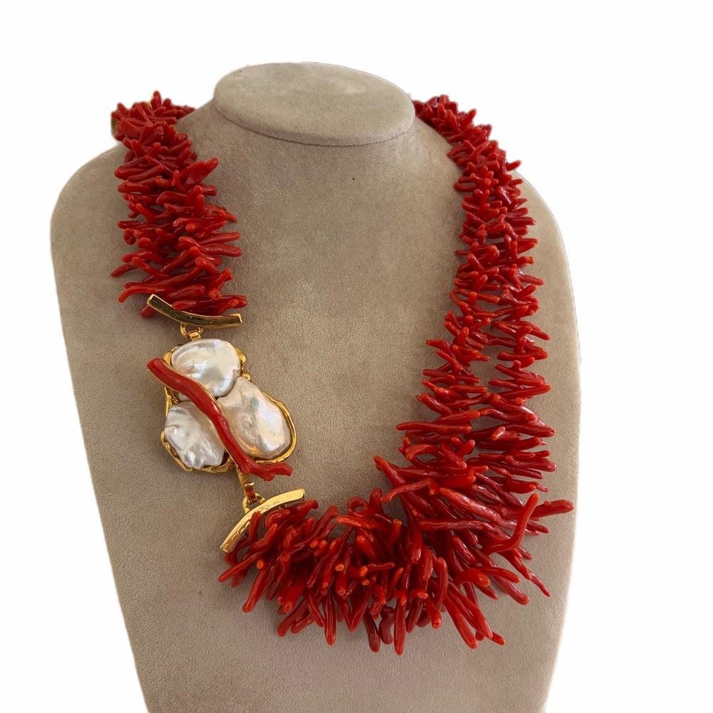 Collana Soara Corallo Rosso, Argento dorato e Perle Barocche