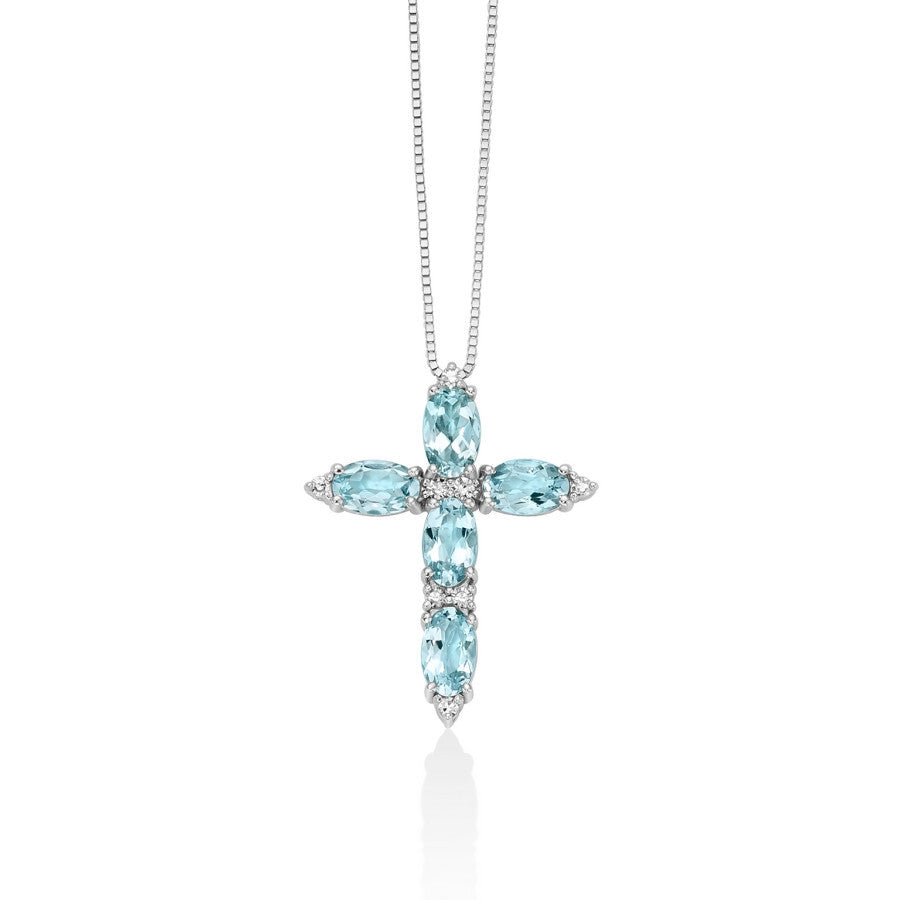 Collana MILUNA Pendente Croce Oro Bianco, Acquemarine e Diamanti