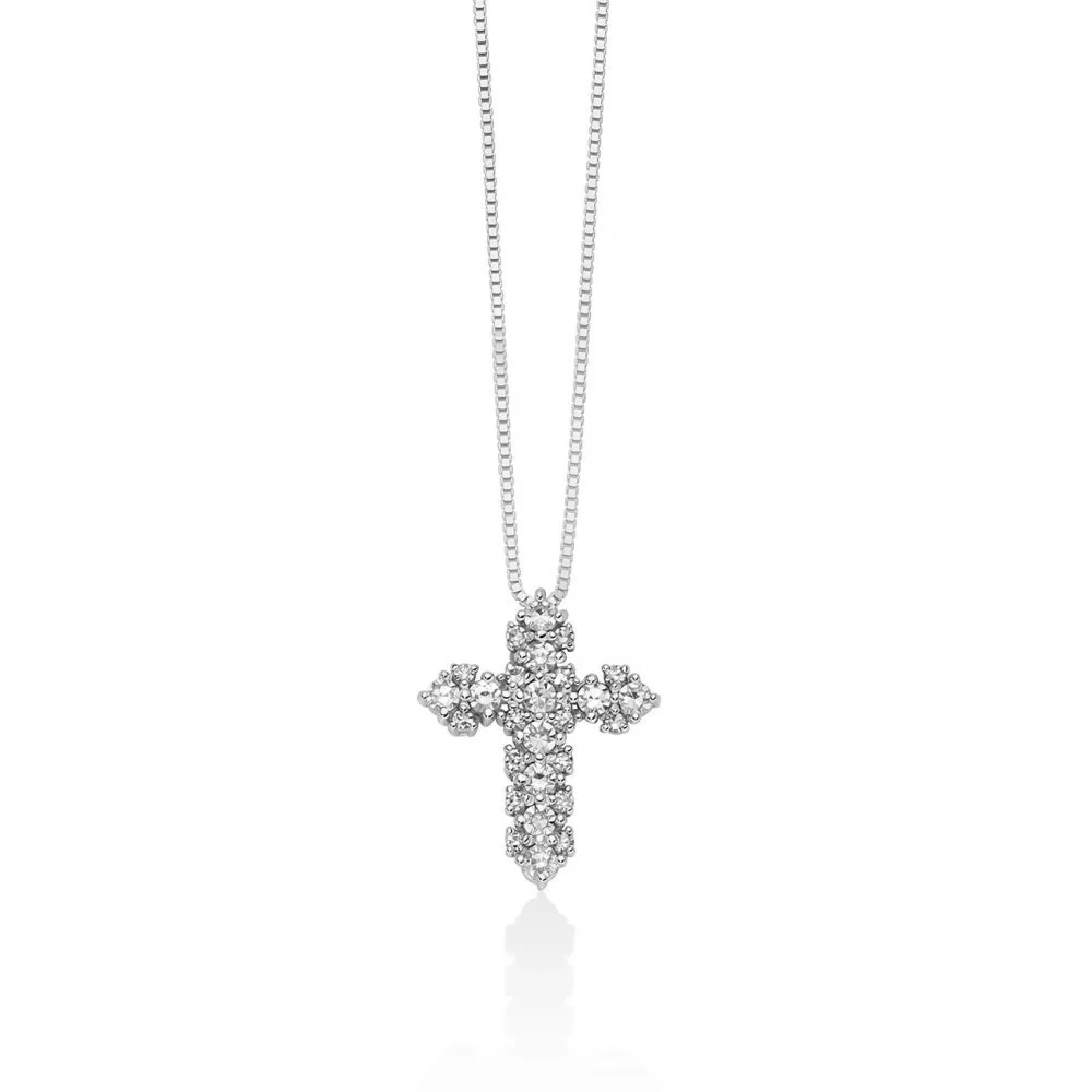 Collana Miluna Pendente Croce Oro Bianco e Diamanti