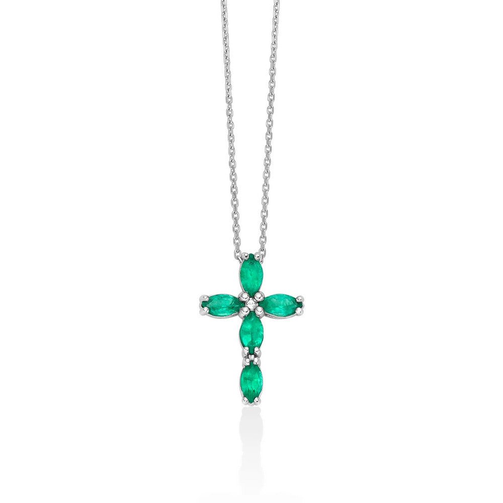 Collana Miluna Oro 9k con Croce Smeraldi e Diamante