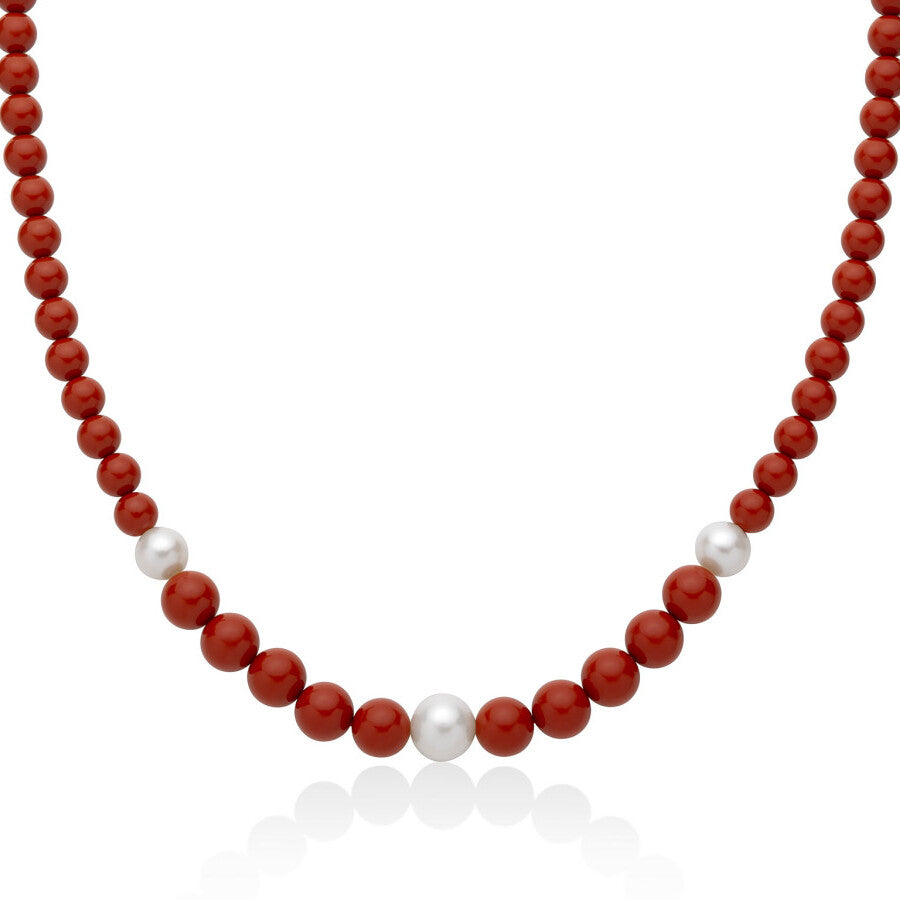 Collana MILUNA Perle Bianche e Colore Corallo Rosso