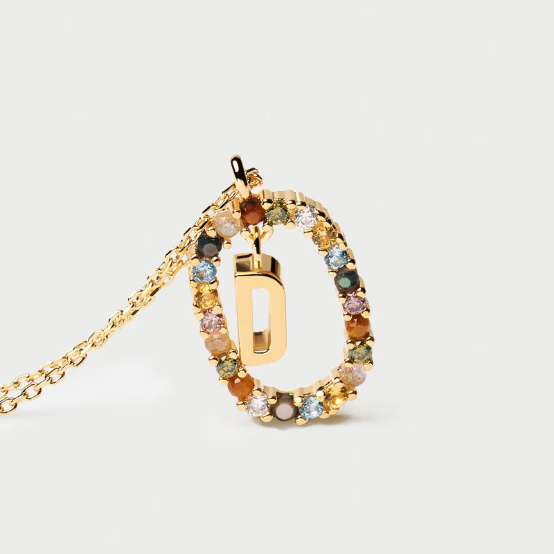Collana PDPAOLA Pendente Lettera D Argento Dorato e Gemme Colorate