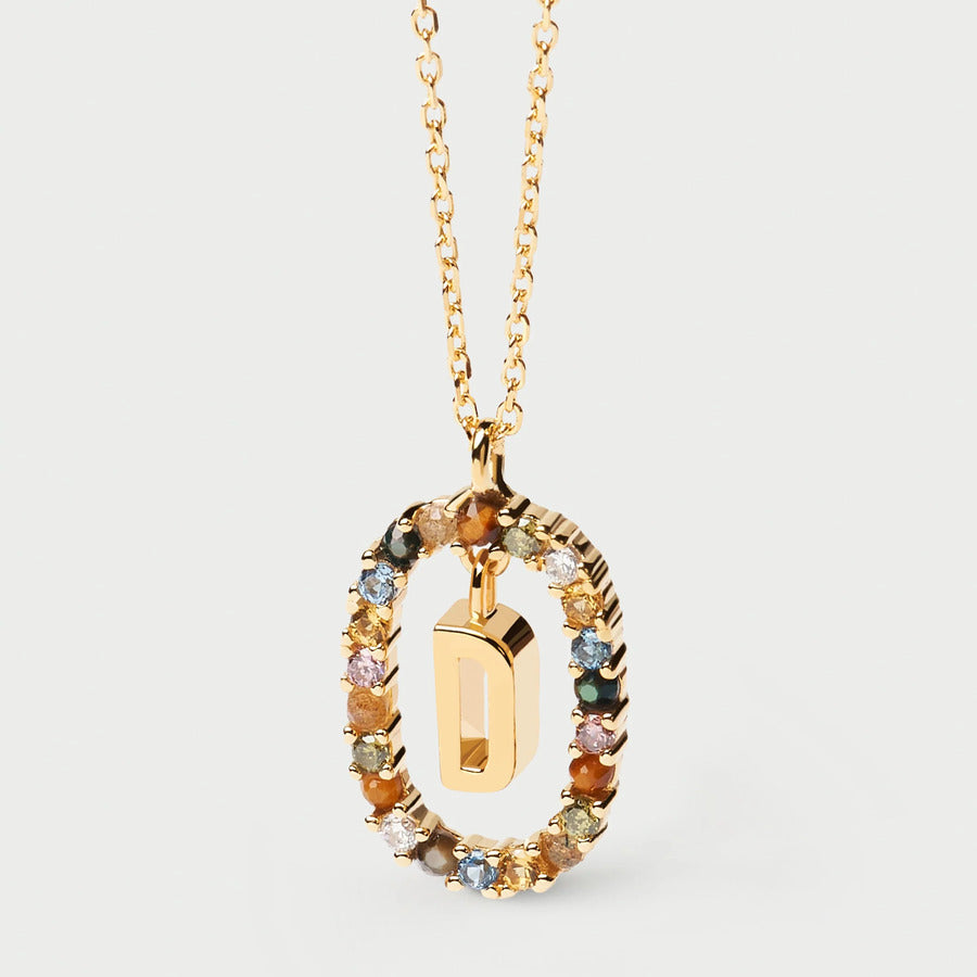 Collana PDPAOLA Pendente Lettera D Argento Dorato e Gemme Colorate
