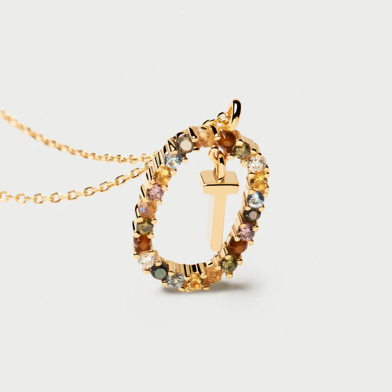 Collana PDPAOLA Pendente Lettera T Argento Dorato e Gemme Colorate