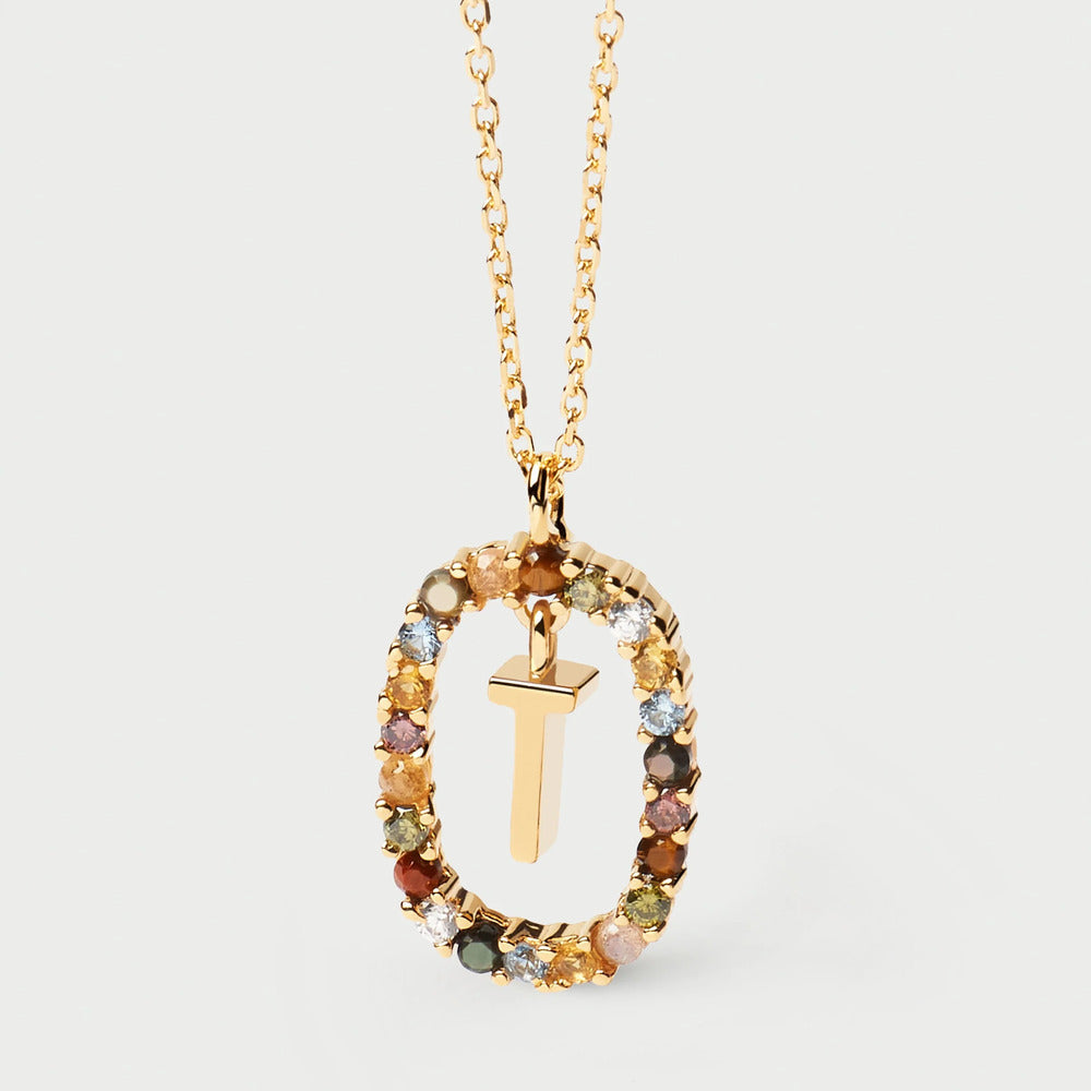 Collana PDPAOLA Pendente Lettera T Argento Dorato e Gemme Colorate