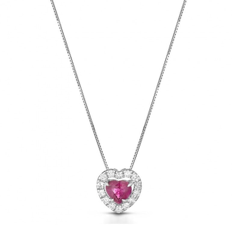 Collana LELUNE Pendente Cuore Oro, Diamanti e Rubino