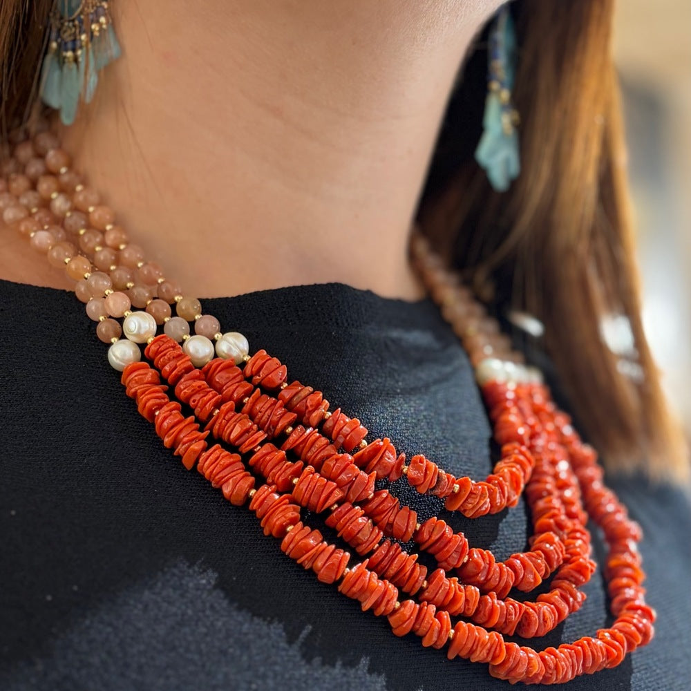 Collana Sicylui 4 fili Argento con Corallo, Perle e Pietre del Sole