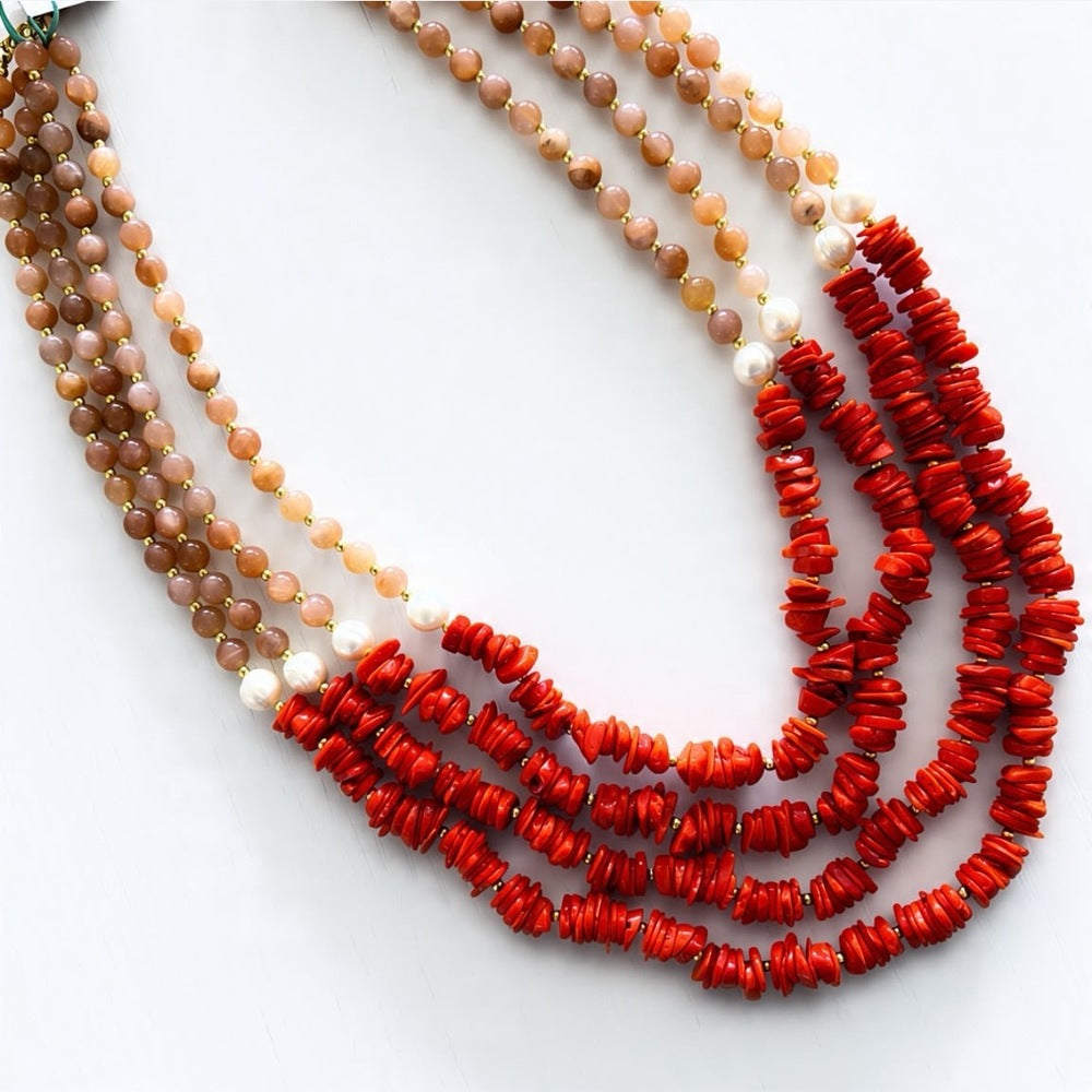 Collana Sicylui 4 fili Argento con Corallo, Perle e Pietre del Sole