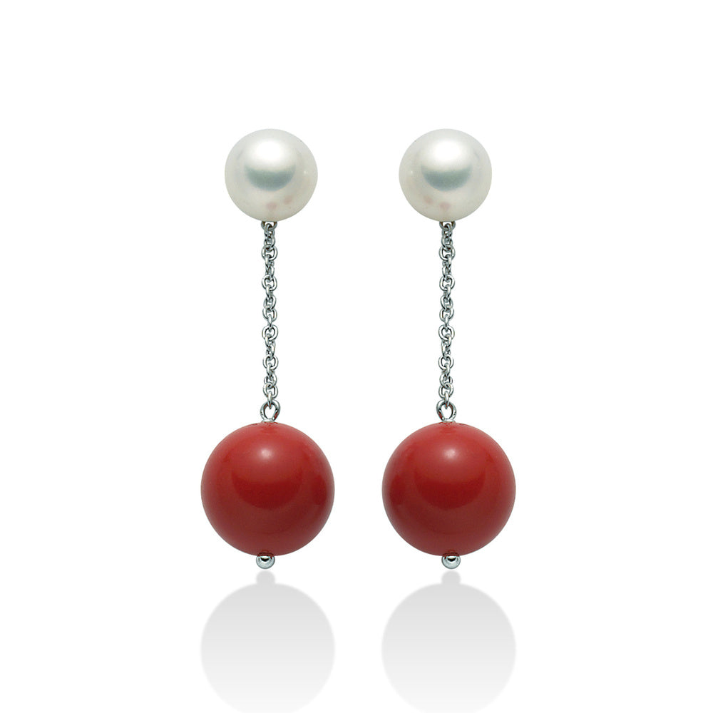 Orecchini Pendenti Miluna Argento, Perle Bianche e Corallo Rosso