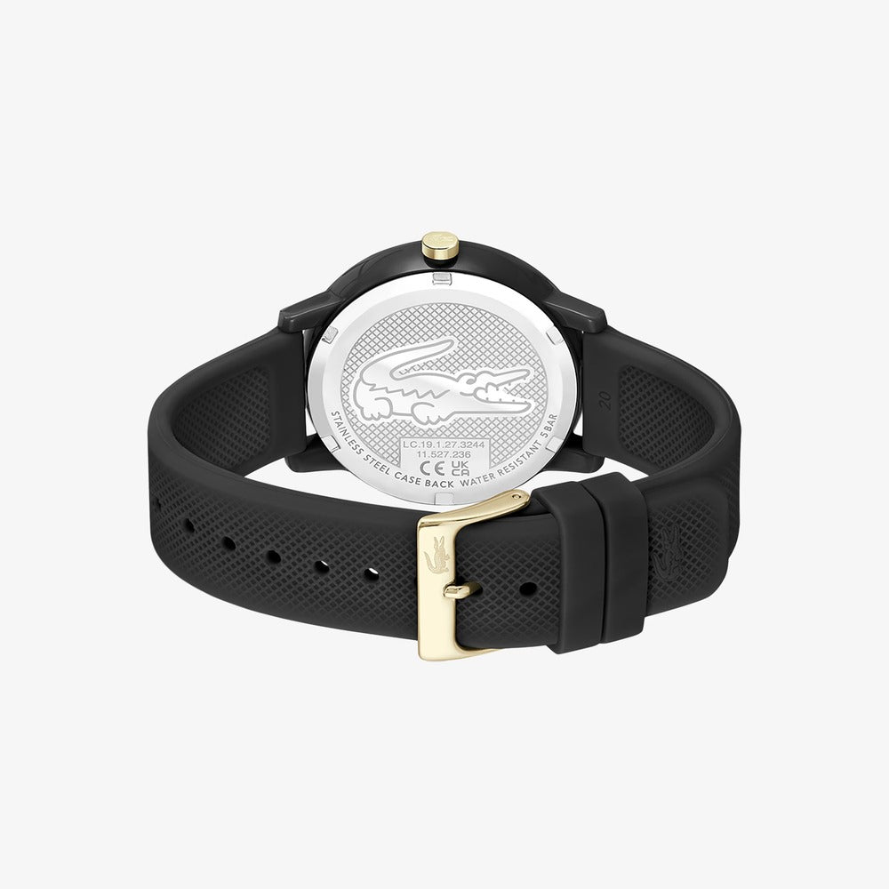 orologio sportivo lacoste in silicone nero con dettagli dorati vista lato posteriore
