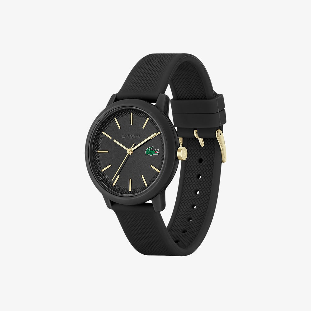 orologio sportivo lacoste in silicone nero con dettagli dorati vista laterale