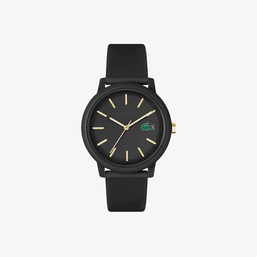 orologio sportivo lacoste in silicone nero con dettagli dorati