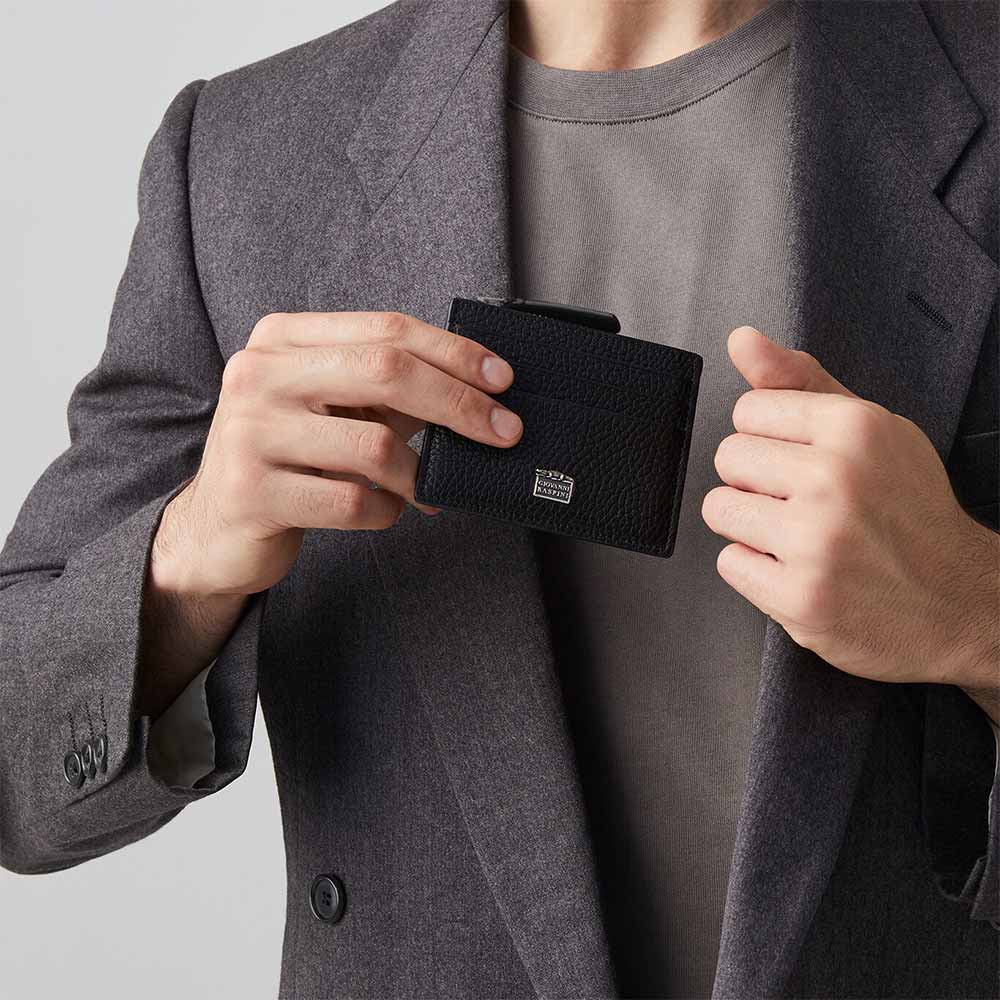 Portacarte Giovanni Raspini in Pelle Goffrata nera con zip
