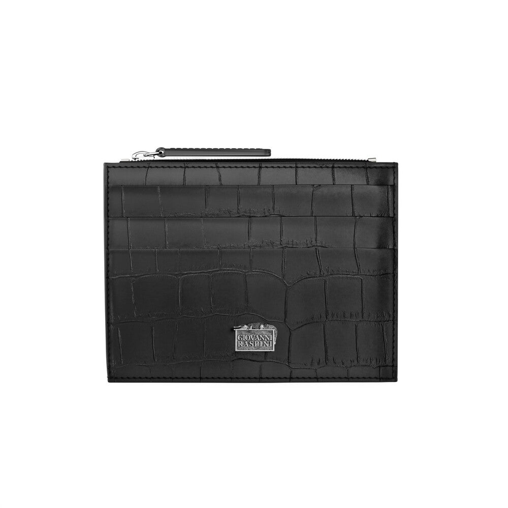Portacarte Giovanni Raspini con zip Pelle Croco Nera